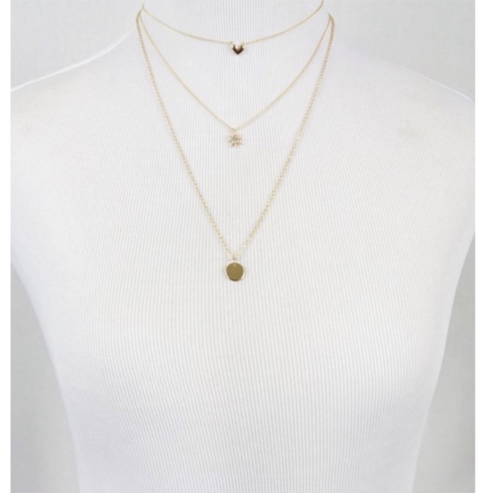 Gold Three Row Star Heart Disk Charm Necklace - Picture 3 of 3